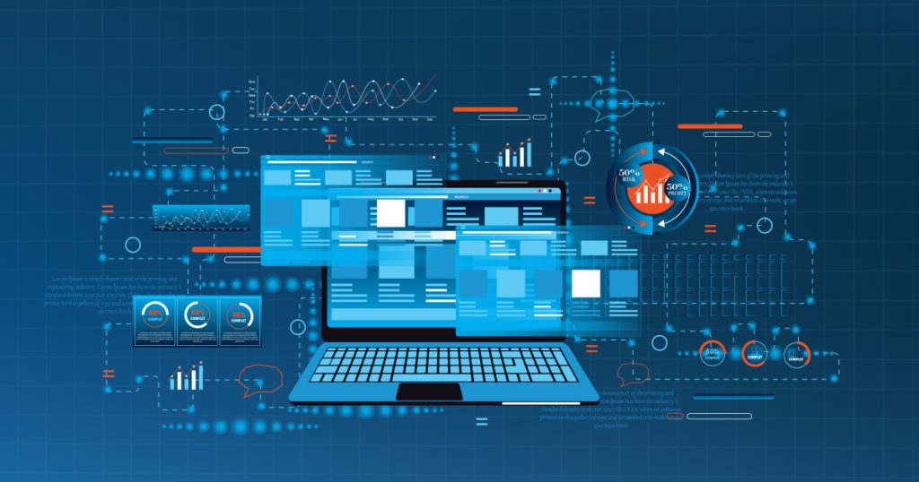 Digital illustration of a laptop displaying multiple data charts, graphs, and analytics on a blue grid background.