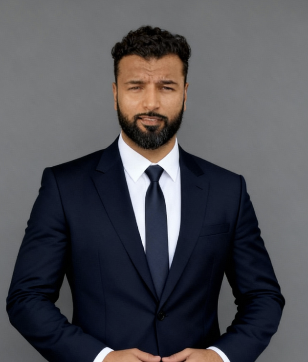 Confident man with a beard wearing a dark navy suit and tie against a gray background.