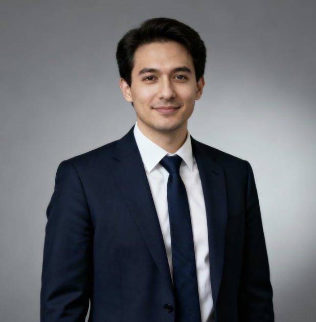 Smiling young man wearing a dark blue suit, white shirt, and navy tie against a gray background.