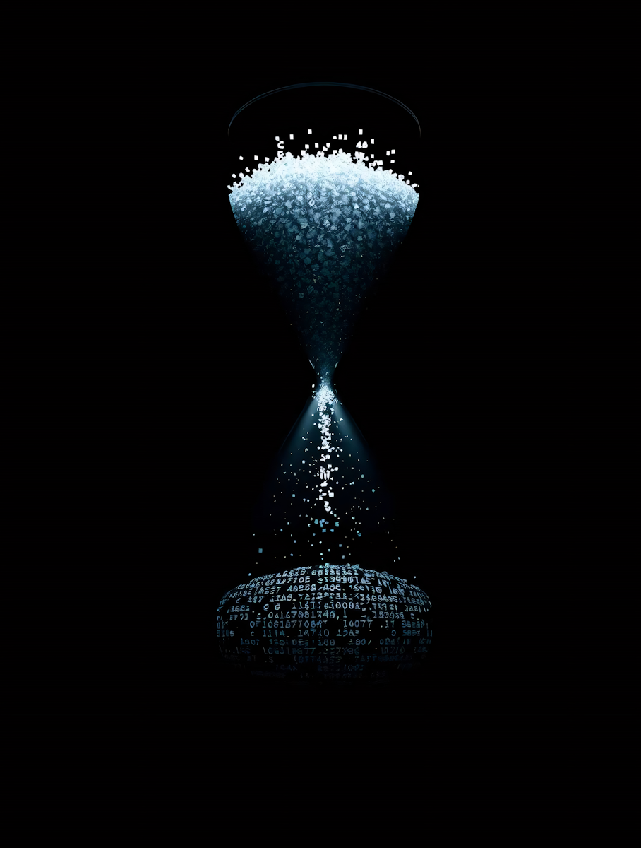 Digital hourglass with floating pixel particles flowing from the top to the bottom filled with alphanumeric code on a black background.