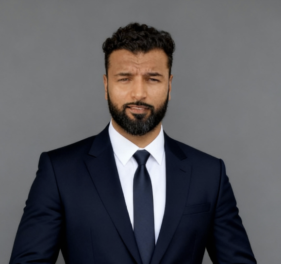 Man with dark curly hair and beard wearing a dark suit, white shirt, and black tie against a gray background.