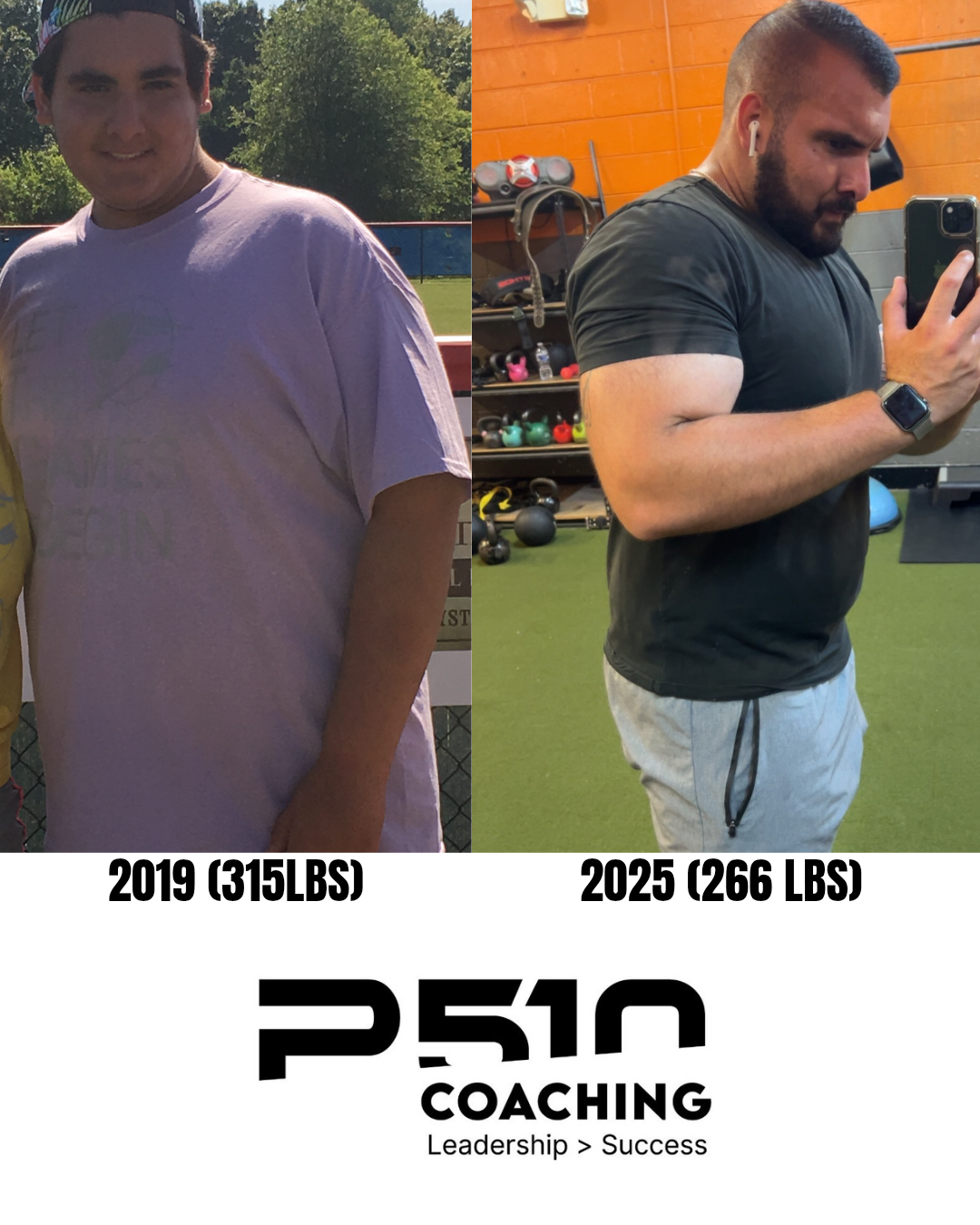 Before and after side by side of client weight loss journey with P510 Coaching.