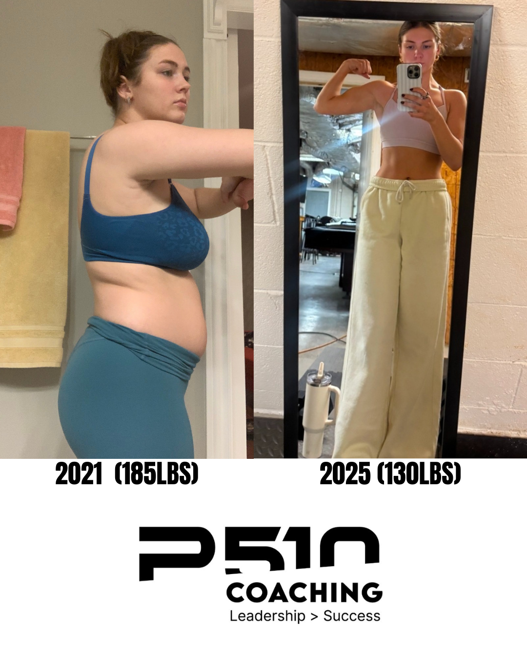 Before and after side by side of client weight loss journey with P510 Coaching.