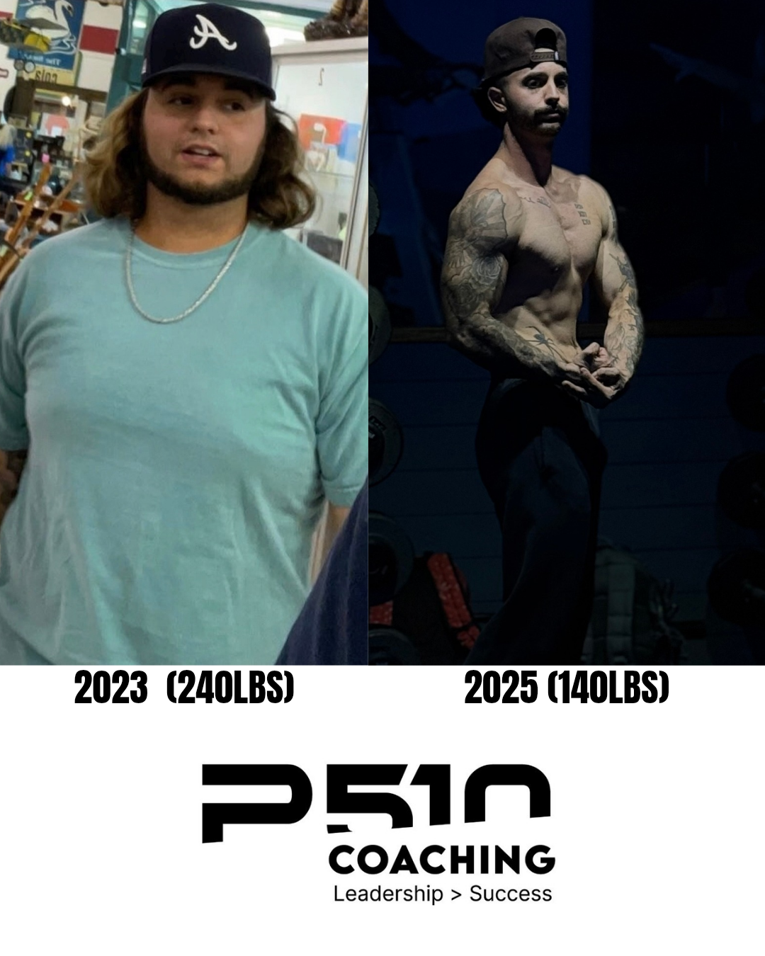 Before and after side by side of client weight loss journey with P510 Coaching.