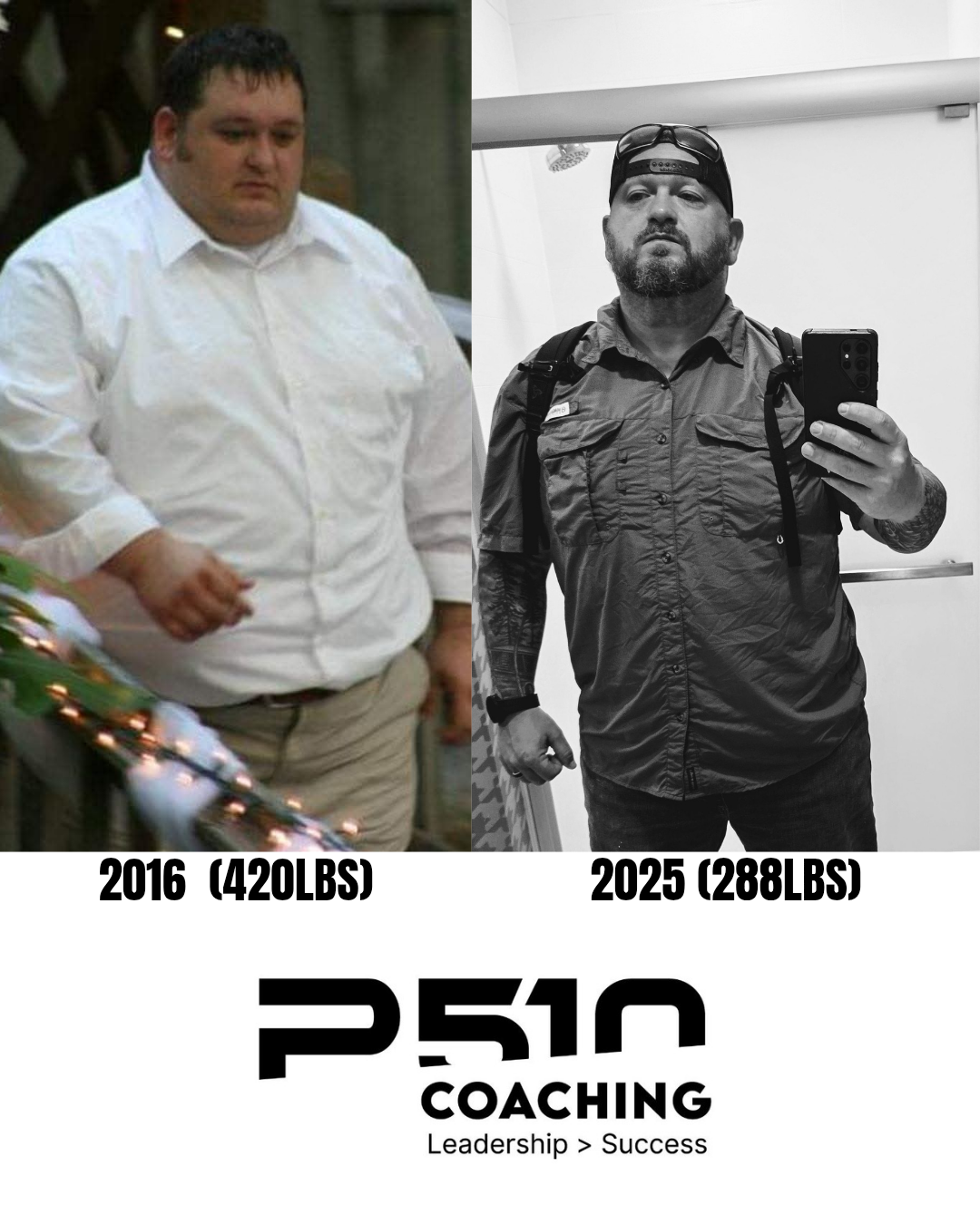 Before and after side by side of client weight loss journey with P510 Coaching.