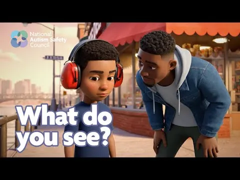 Boy wearing noise-cancelling headphones talks with adult in animated scene