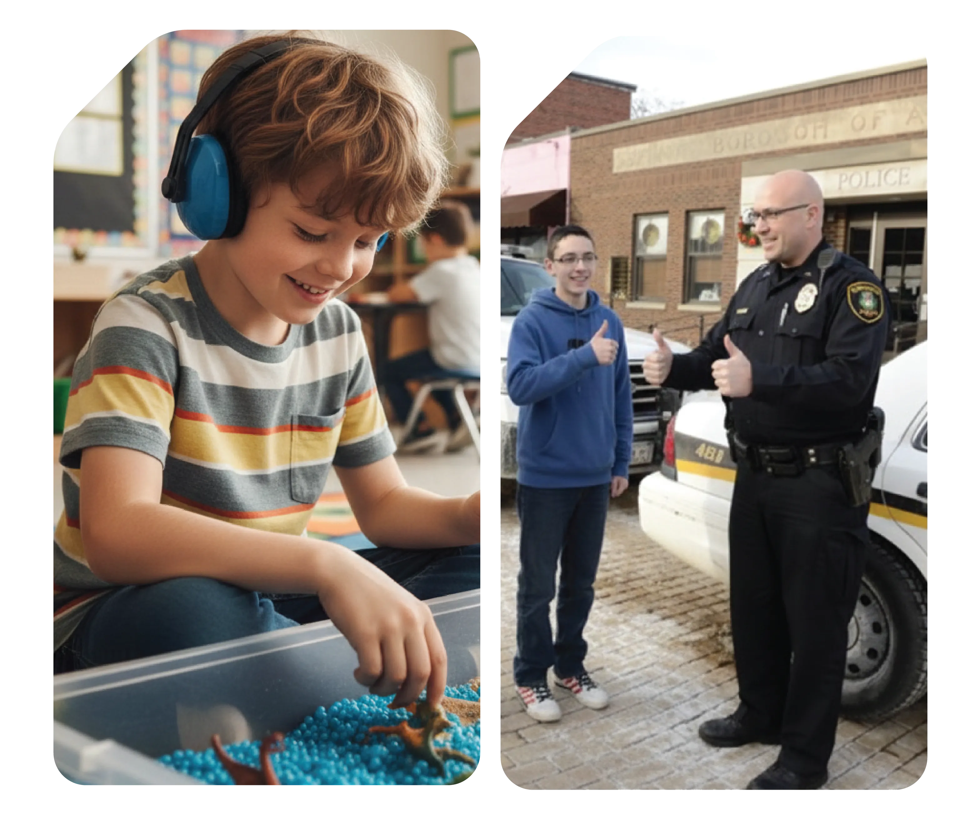 Child playing with sensory bin at school, police officer and community member outside station