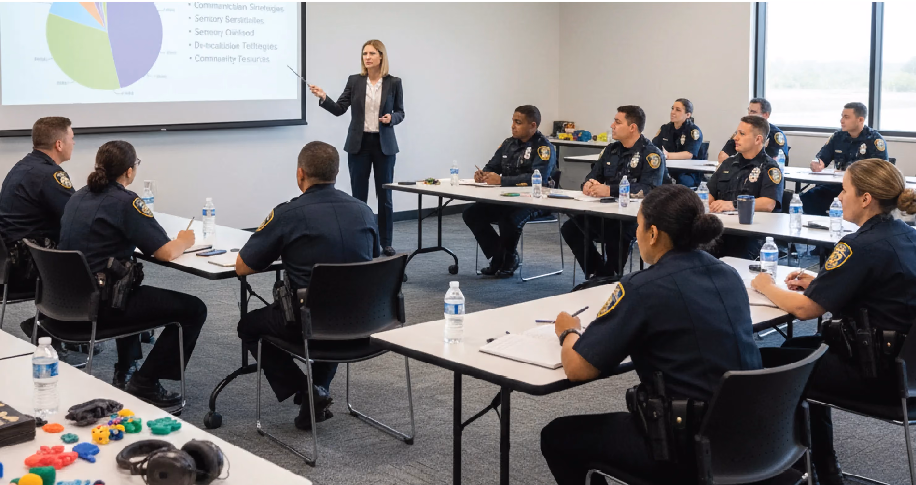 Police officers in training session with presenter discussing communication strategies