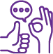 Purple outline of thumbs up and okay hand gesture with speech bubble