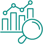 Teal data analysis icon with bar graph and magnifying glass