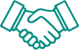 Teal-colored handshake icon symbolizing agreement, partnership, or collaboration