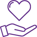 Purple hand holding a heart, symbolizing care, love, or support