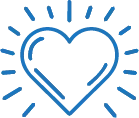 Blue glowing heart icon with radiating lines symbolizing love and warmth