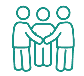 Three stylized figures joining hands, representing teamwork and unity