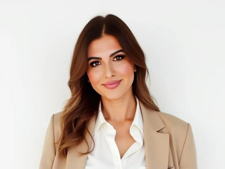 Professional woman in beige blazer smiling against white background