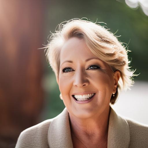 Smiling middle-aged woman in soft beige sweater, blonde hair, outdoor setting