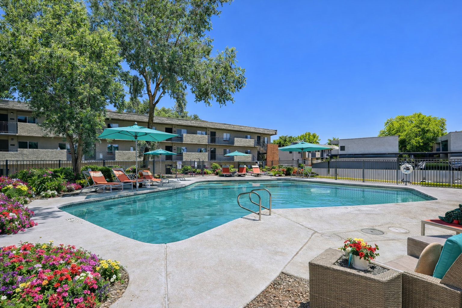 pool with lounge chairs