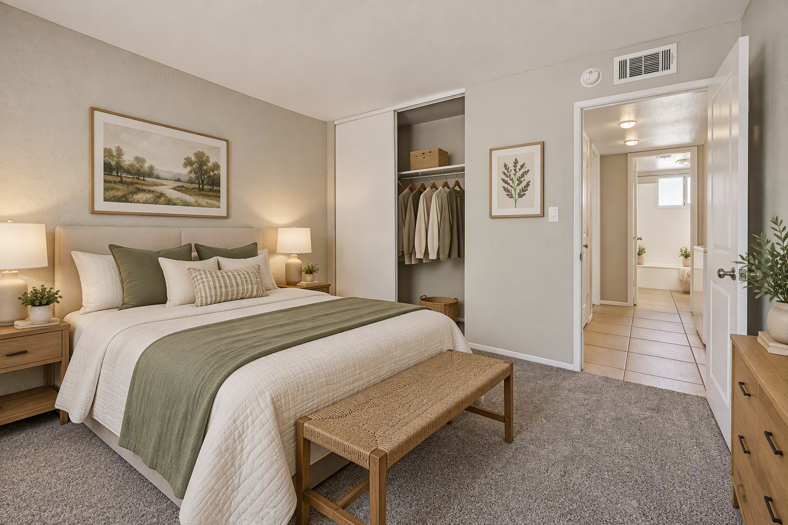 bedroom with ded, closet, nightstands and dresser