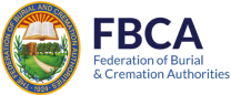 Seal of the Federation of Burial and Cremation Authorities with shield, casket, and landscape.