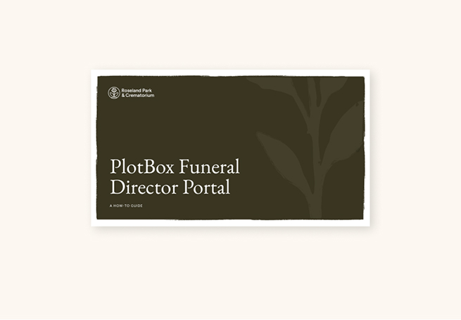 Dark rectangle with text 'PlotBox Funeral Director Portal' and 'Roseland Park & Crematorium' logo.