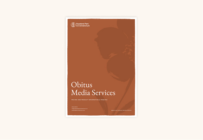 Roseland Park & Crematorium brochure titled 'Obitus Media Services' with pricing and tribute info on brown background.
