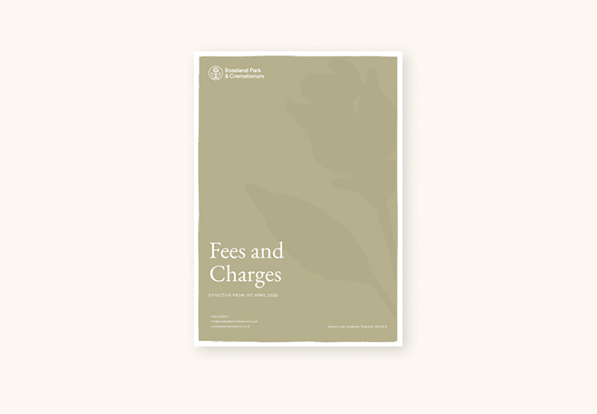 Roseland Park & Crematorium brochure cover titled Fees and Charges effective from 1st April 2026.