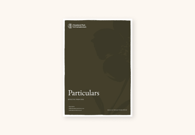 Dark cover page titled Particulars with Roseland Park & Crematorium logo and contact details.