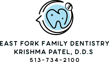 Logo for East Fork Family Dentistry featuring a stylized tooth with sparkles inside a blue circle, and the text 'East Fork Family Dentistry Krishma Patel, D.D.S' below.