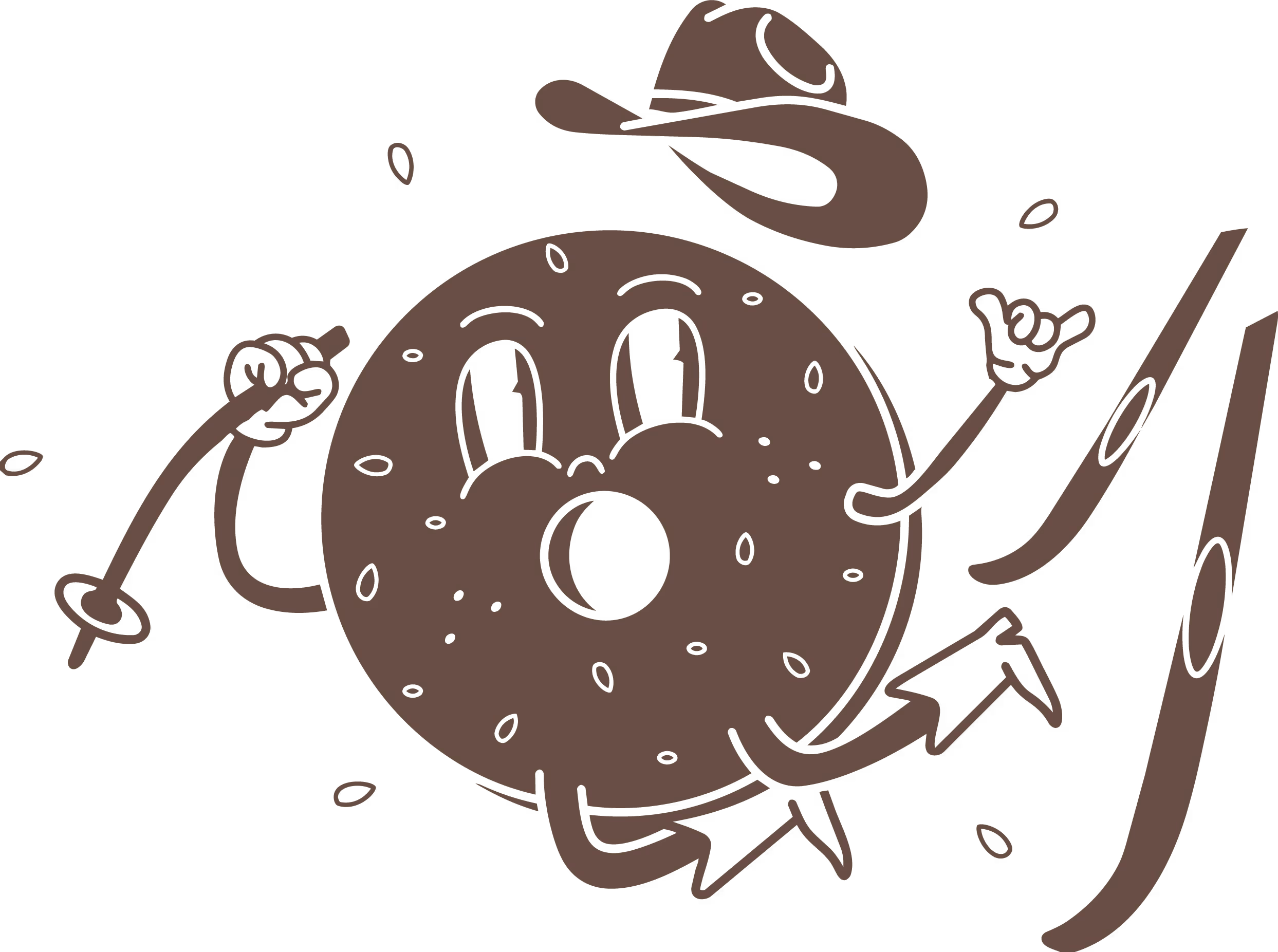Cartoon brown bagel character with eyes, arms, legs, wearing a cowboy hat and crashing on skis.