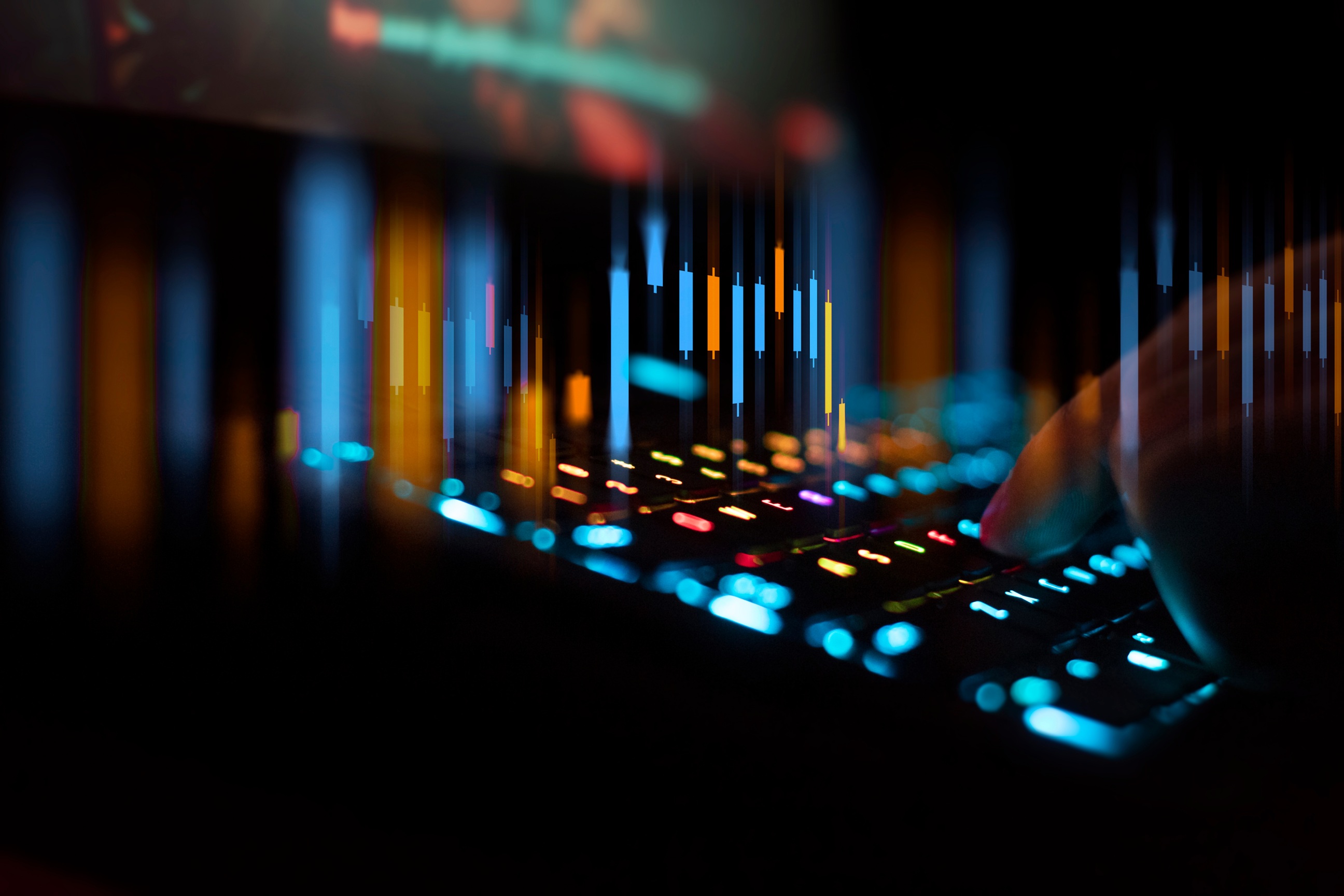 Grayscale background image showing a hand on a keyboard for the hero section.