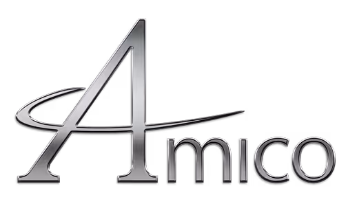 Stylized Amico logo with a large metallic A and a swoosh circling it.