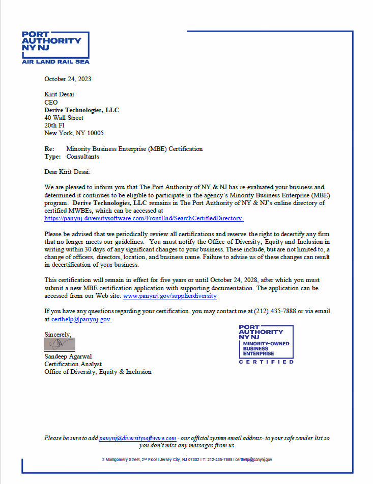 Certificate letter from Port Authority NY NJ confirming Minority Business Enterprise certification for Derive Technologies.