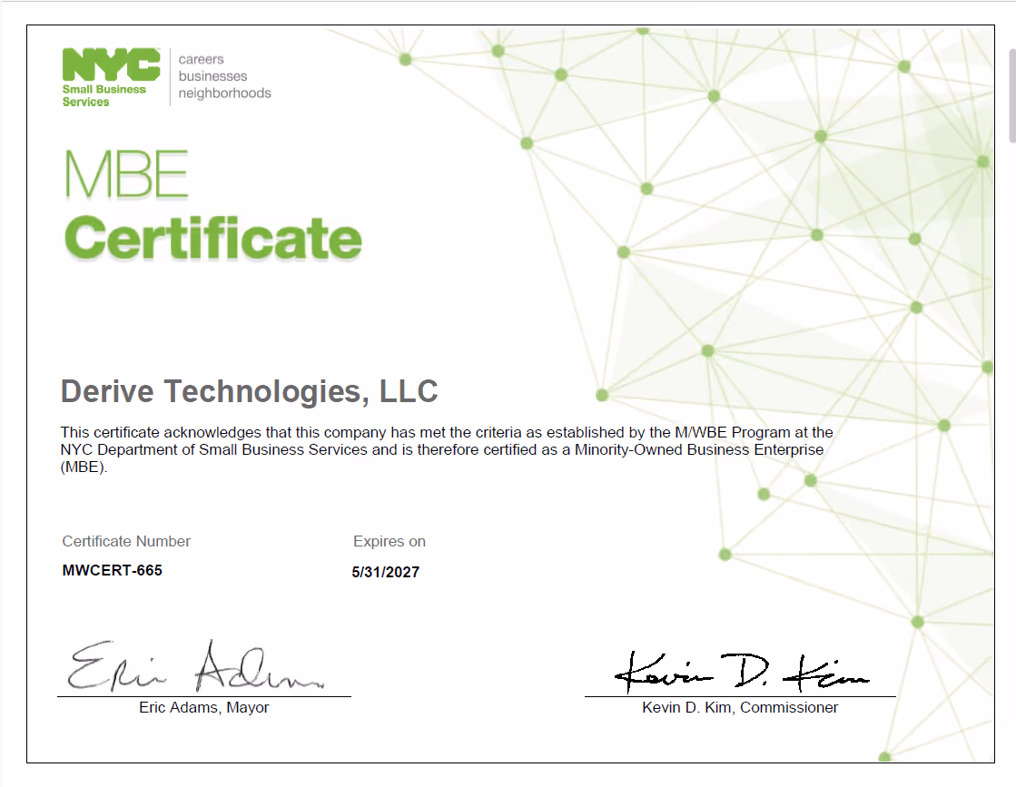 MBE Certificate for Derive Technologies, LLC from NYC Small Business Services, valid until 5/31/2027.