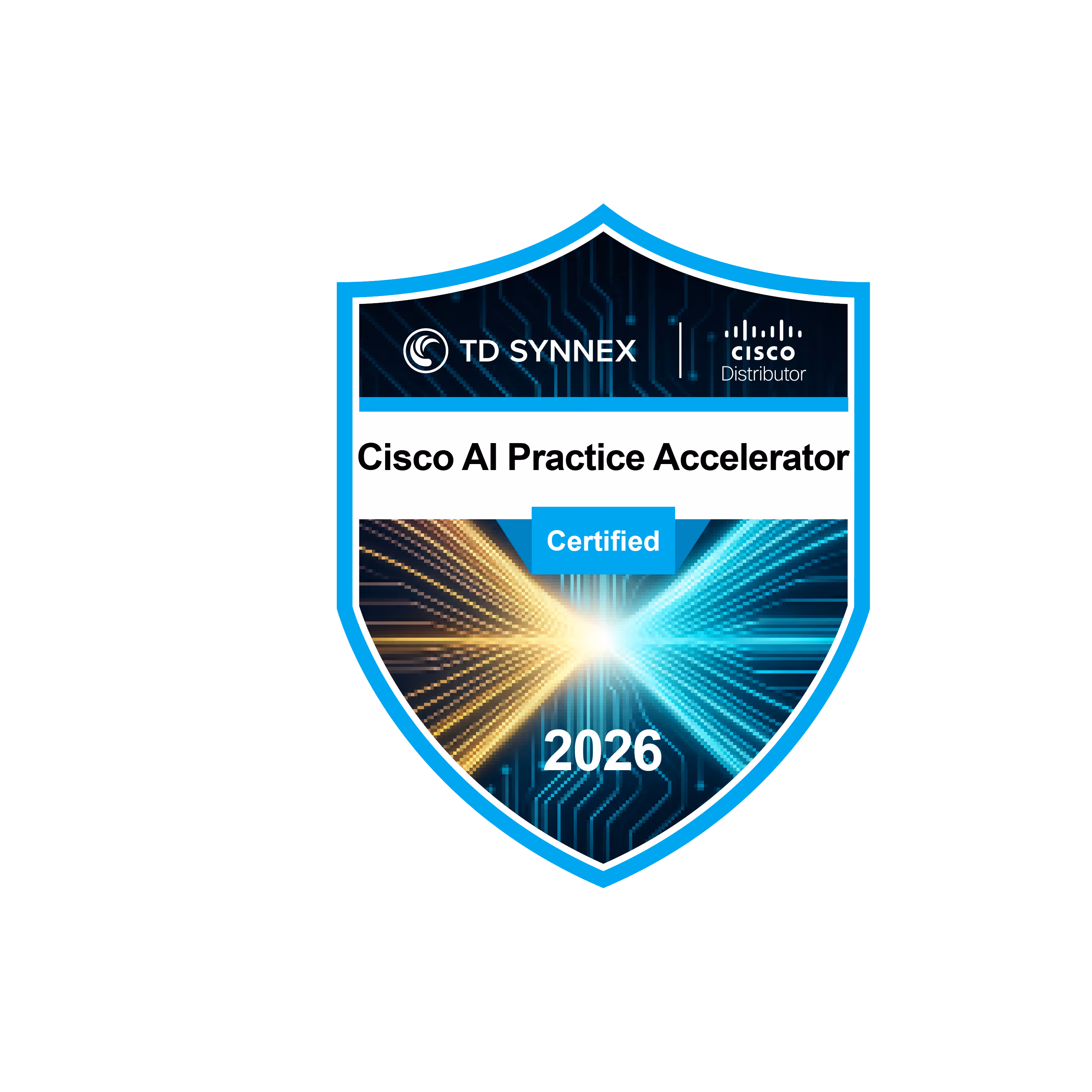 Shield-shaped badge reading Cisco AI Practice Accelerator Certified 2026 with TD SYNNEX and Cisco logos.