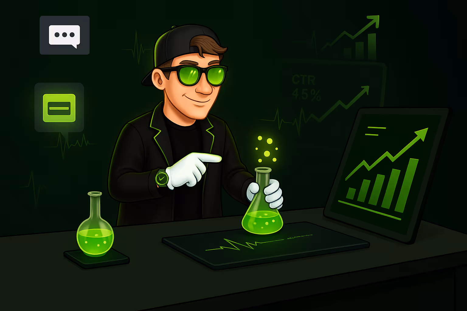 Illustration of Dr. Clickstein, a marketing scientist character in a black jacket and neon green accents, mixing glowing formulas at a lab table with charts and graphs in the background.