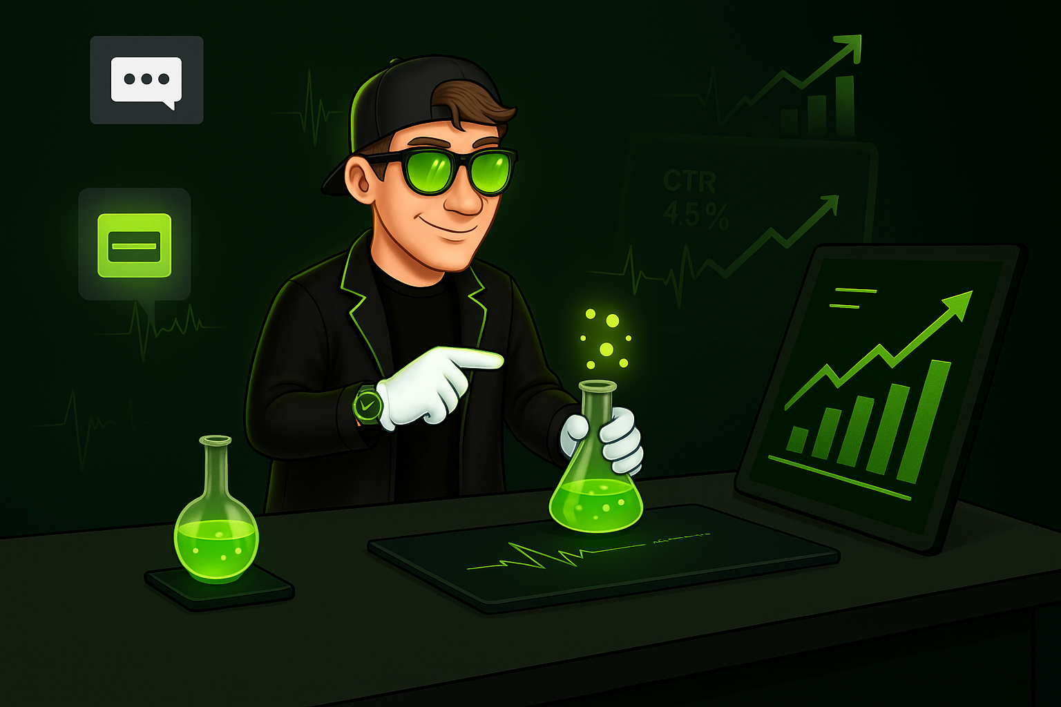 Illustration of Dr. Clickstein, a marketing scientist character in a black jacket and neon green accents, mixing glowing formulas at a lab table with charts and graphs in the background.