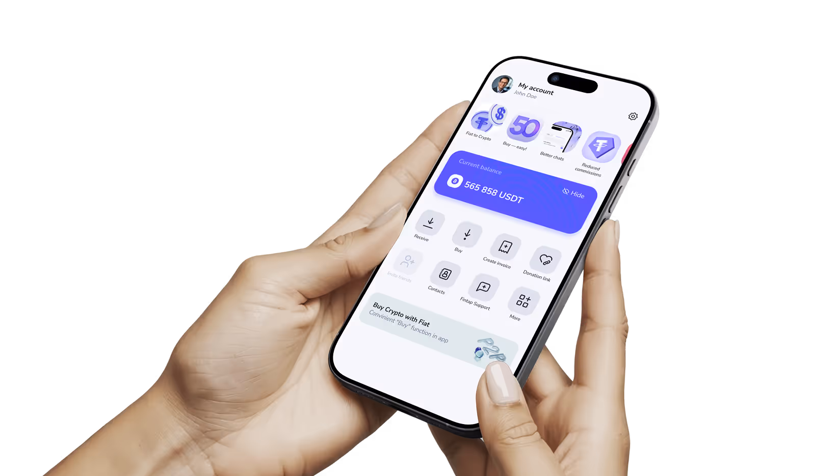 Hand holding an iPhone showing a crypto wallet app with a balance of 565,858 USDT and options for receiving, buying, creating invoices, and donations.