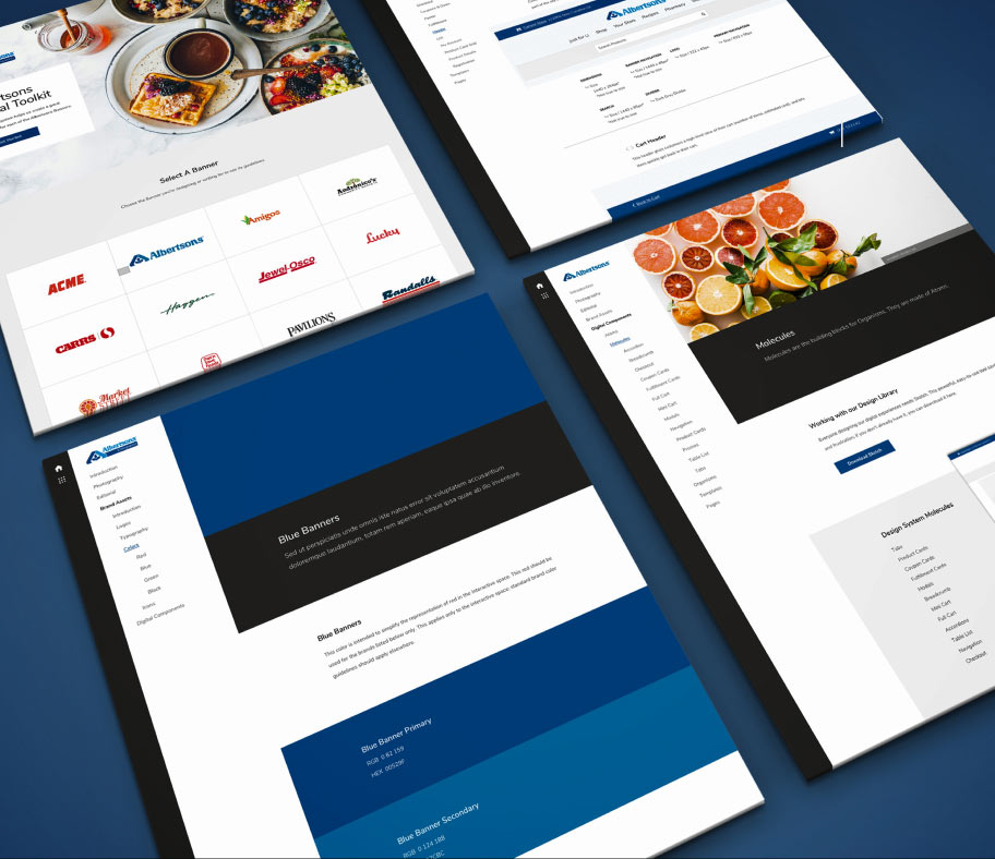 Albertsons digital brand guide pages spread over a moody backdrop