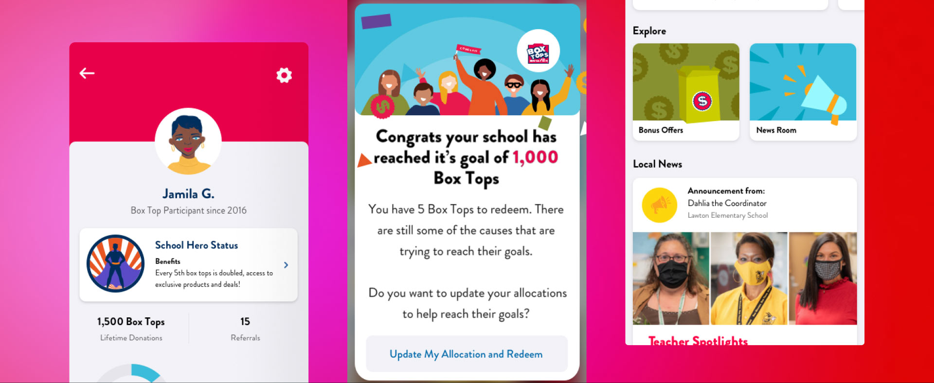 Screenshots of the beyond the box app over a colorful magenta gradient