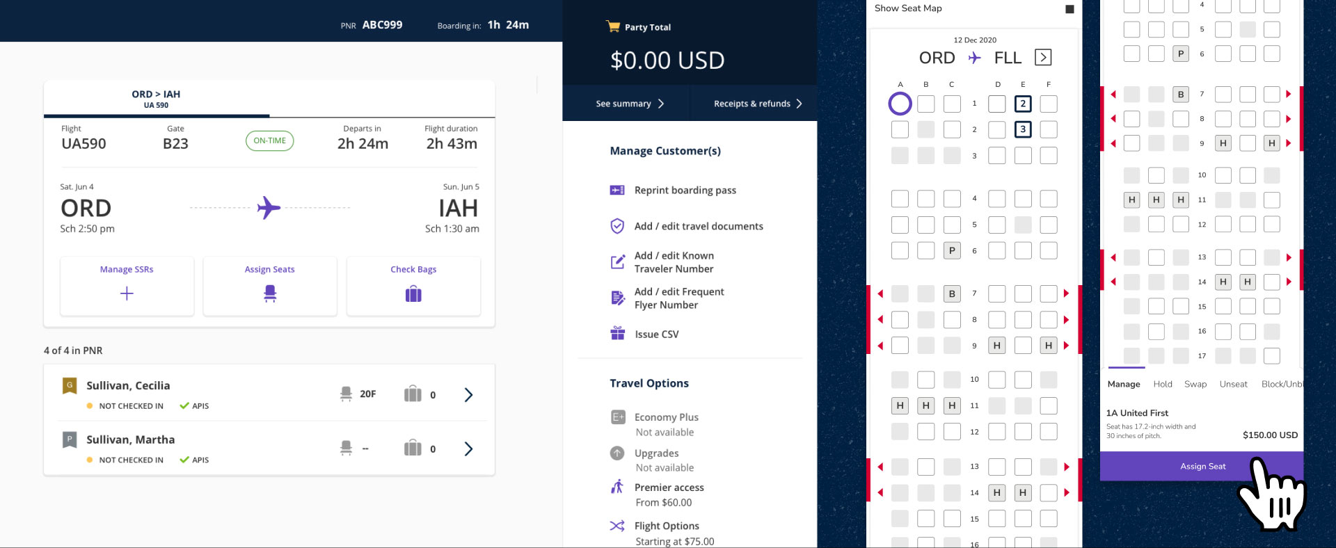 More screens from United staff dashboards, specifically for travel and assignments