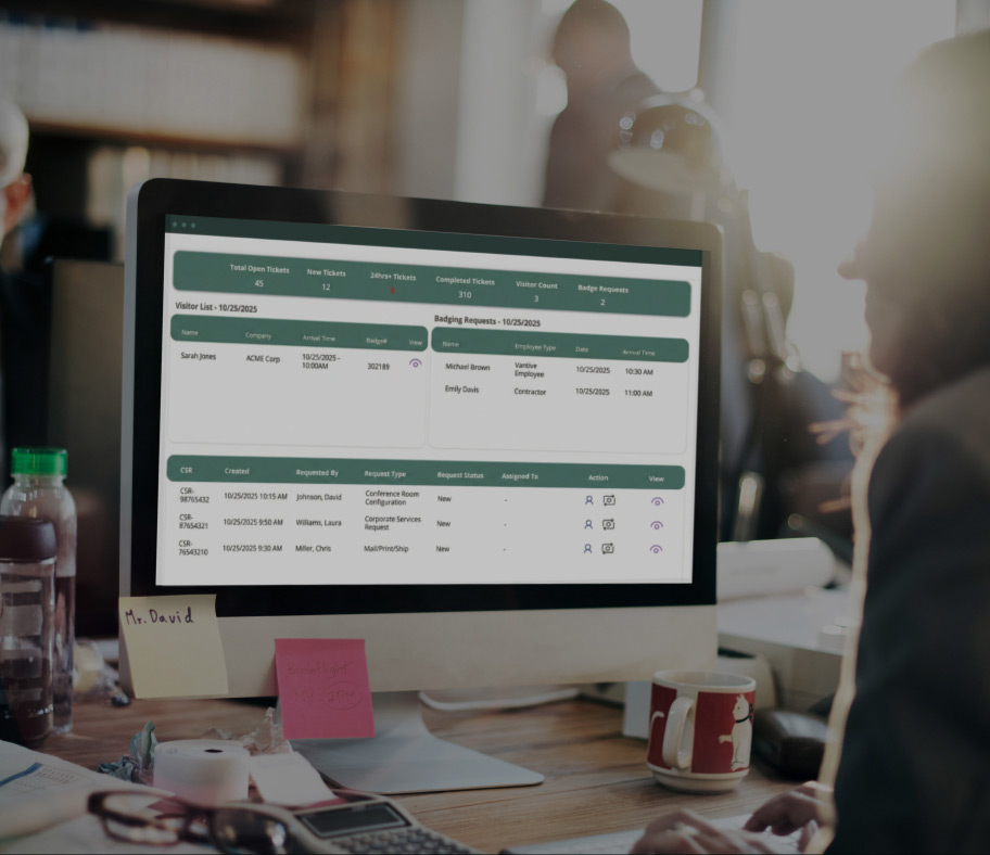 An image of Vantive's dashboard on a computer screen in an office