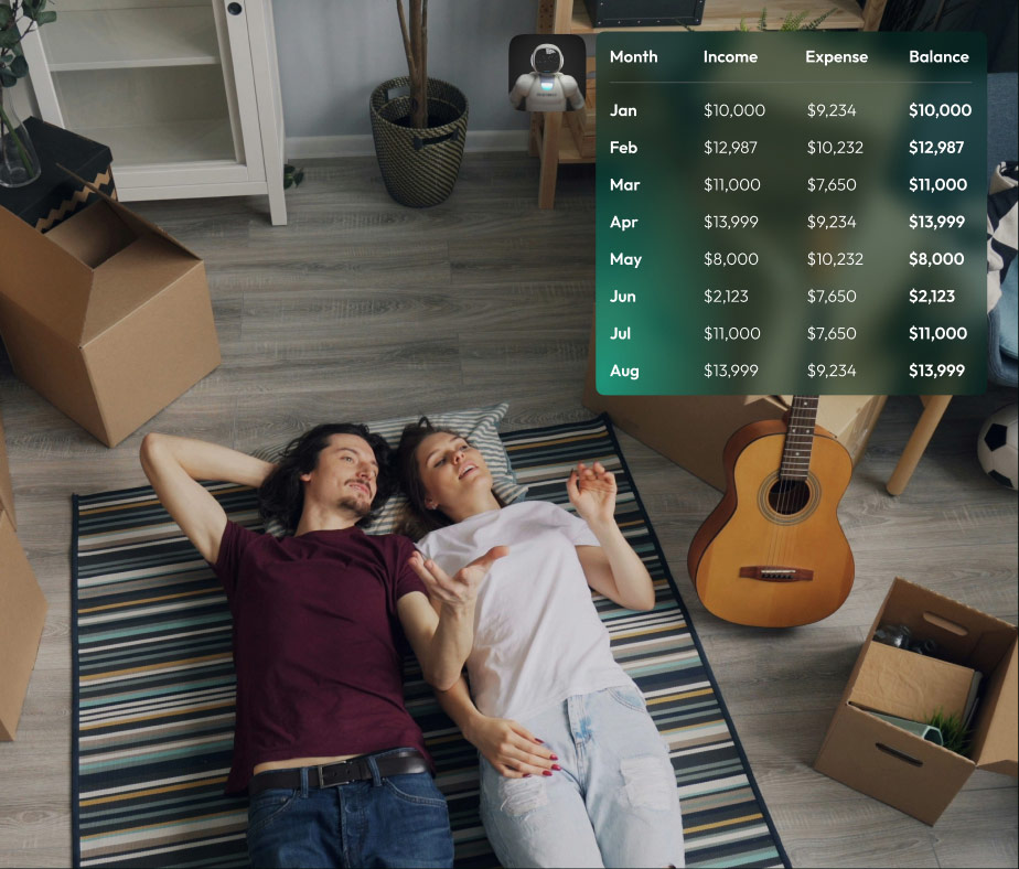 Cashflow Pilot's AI chat bot in the corner of a photo of a couple lying on the ground, in a room full of packed boxes