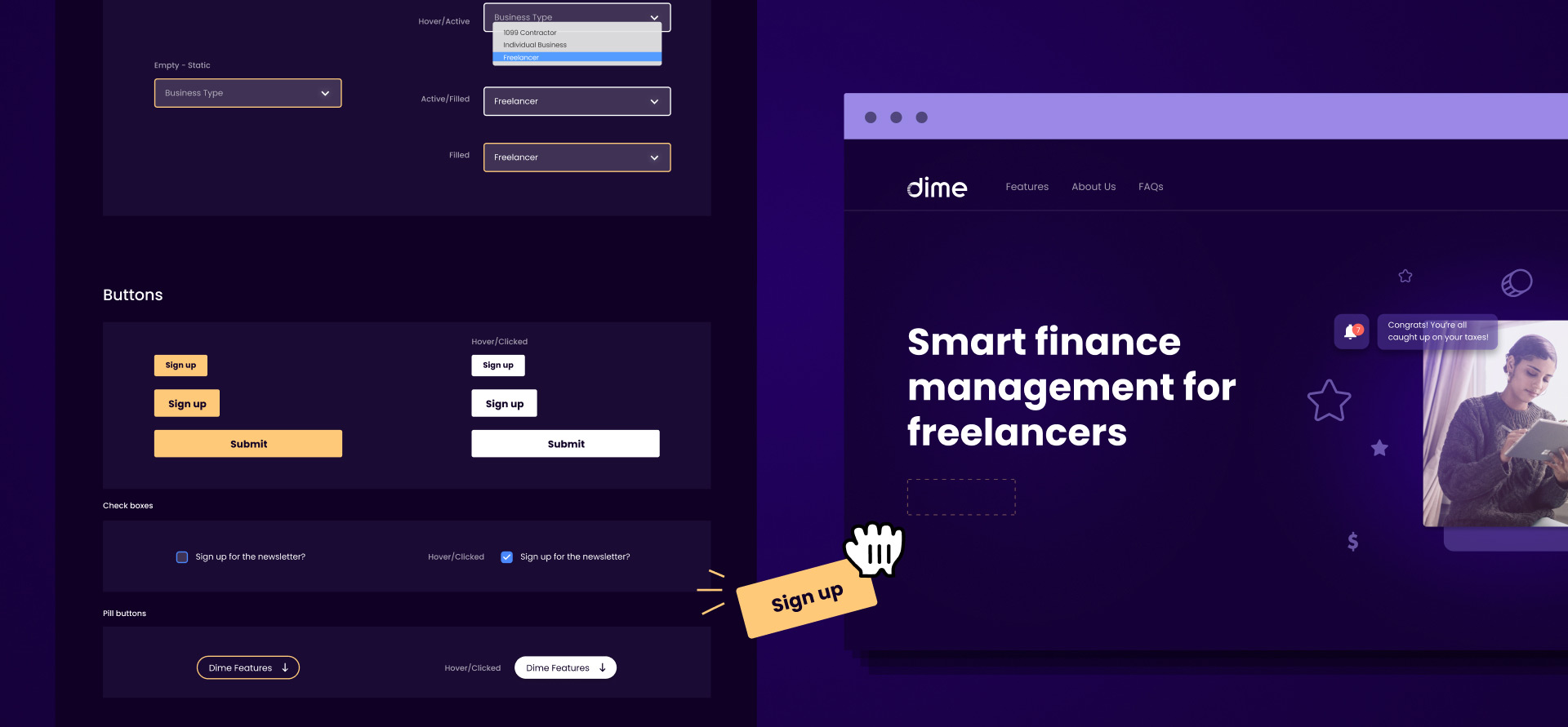 An example of Dime's UI kit used on the homepage design