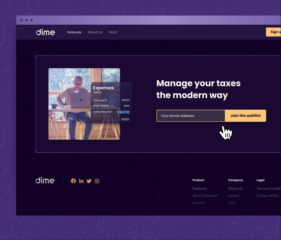 An example of a call to action for Dime's Email subscription