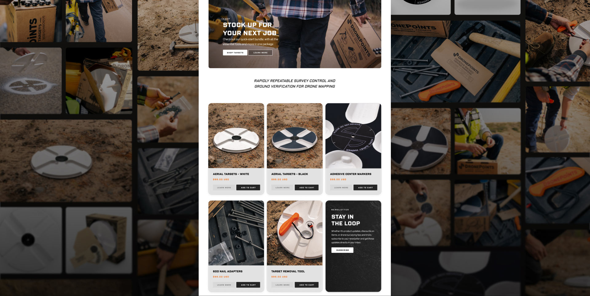 The main DronePoints shop page, with a grid of all the various product images taken for DronePoints