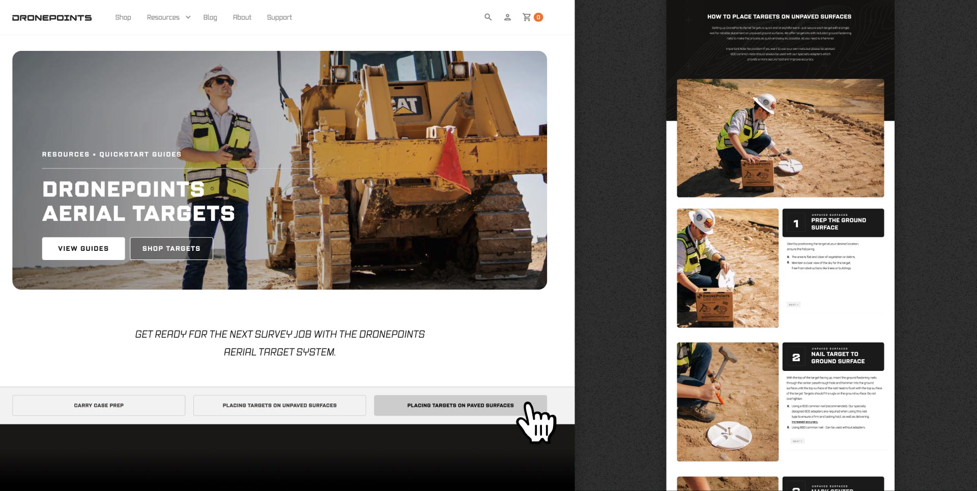 The DronePoints quickstart guide header next to an example of a closer look at the quick start guide instructions