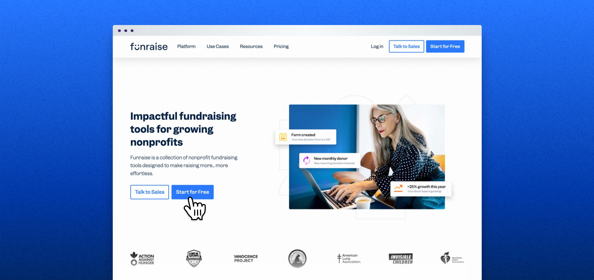 The Funraise homepage over a blue background