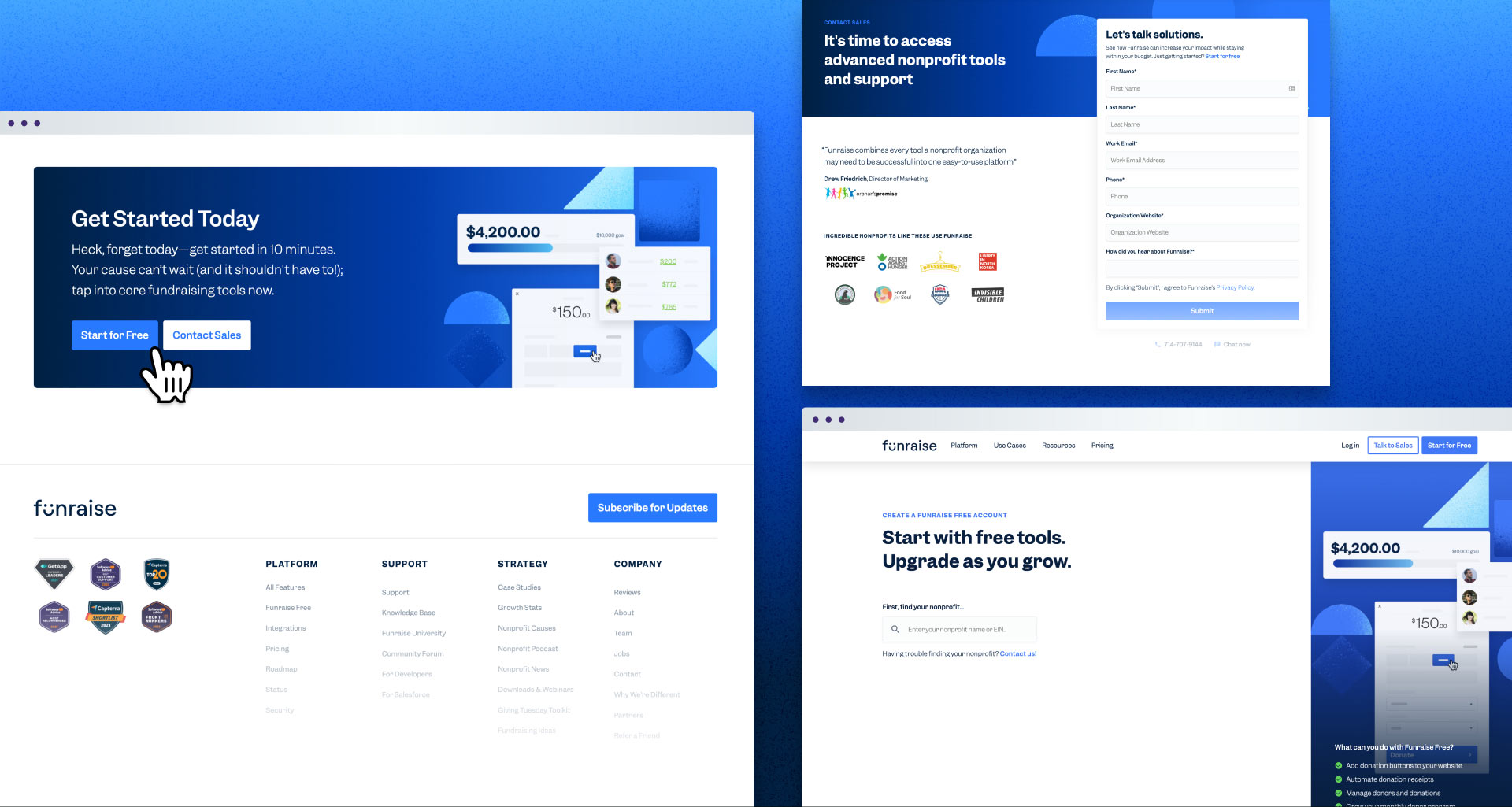 Call to action methods on the Funraise website