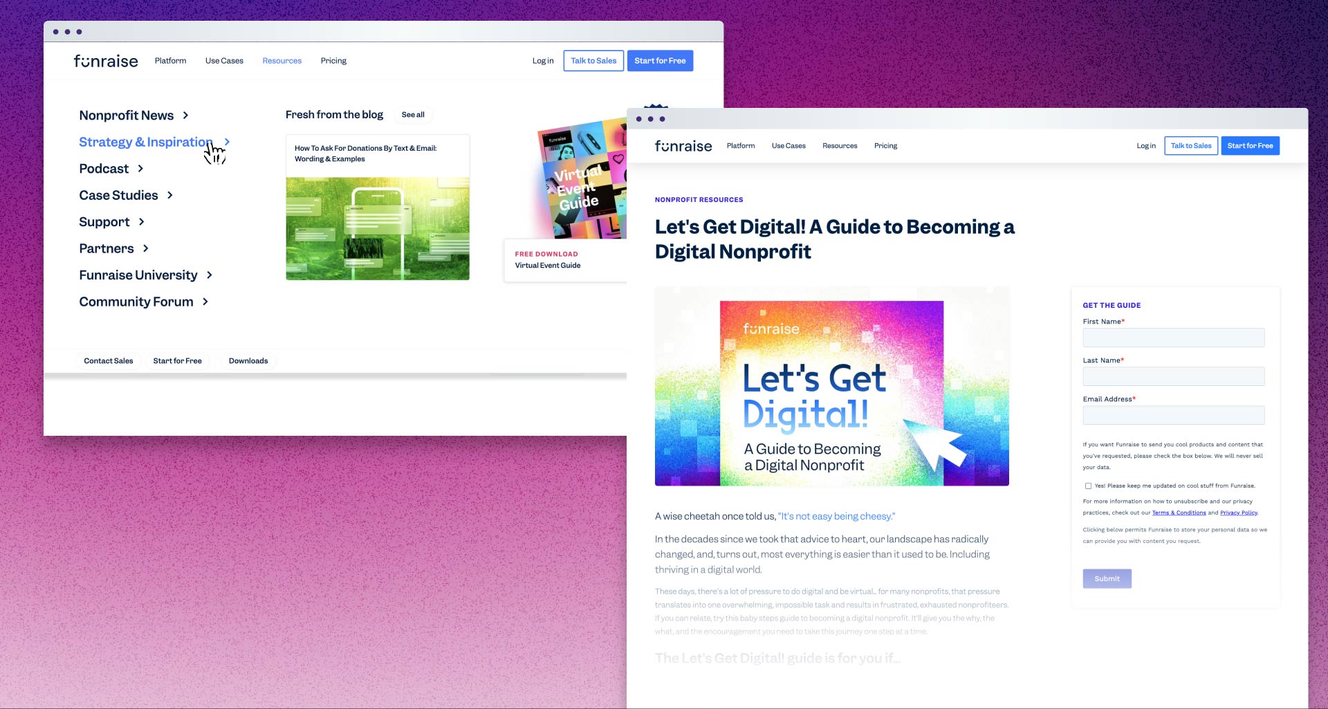 Original content and resource management on the Funraise website