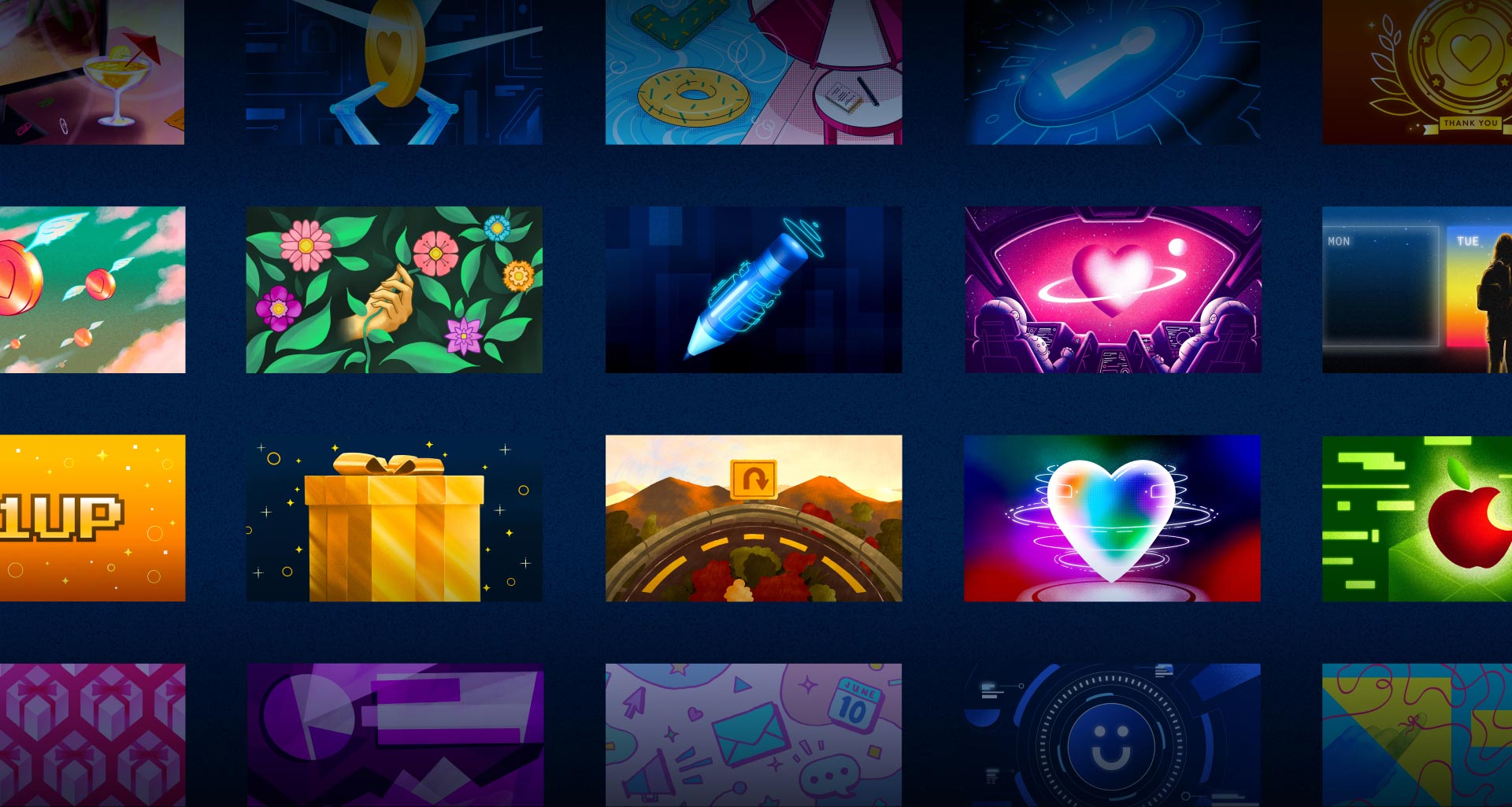 A grid of various blog images and illustrations for Funraise original content